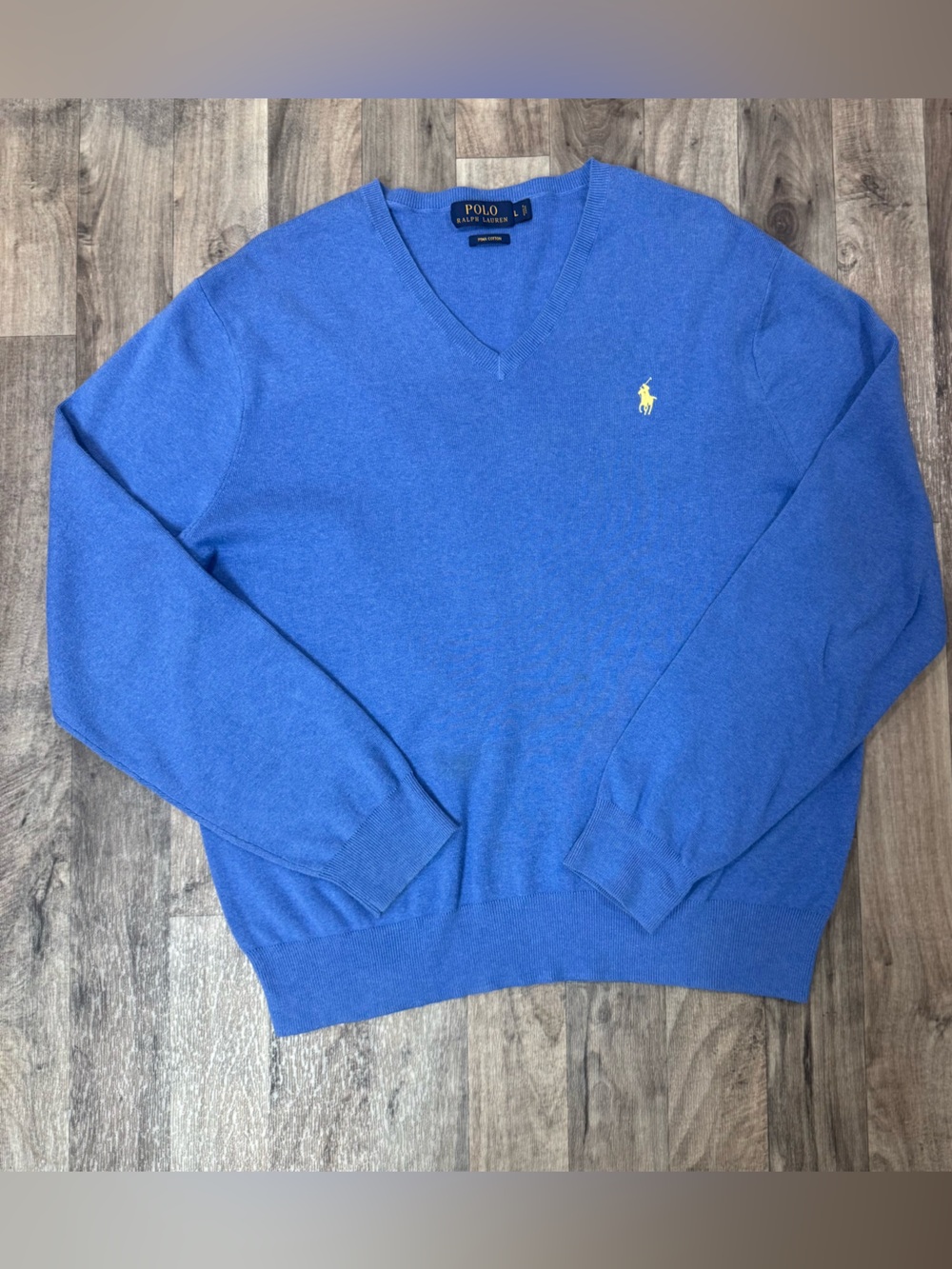 olo Ralph Lauren Pima Cotton V-Neck Sweater Blue Yellow Pony Men’s Large